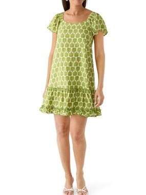Signature by Robbie Bee Lime Green Printed Ruffle-Hem Mini Dress